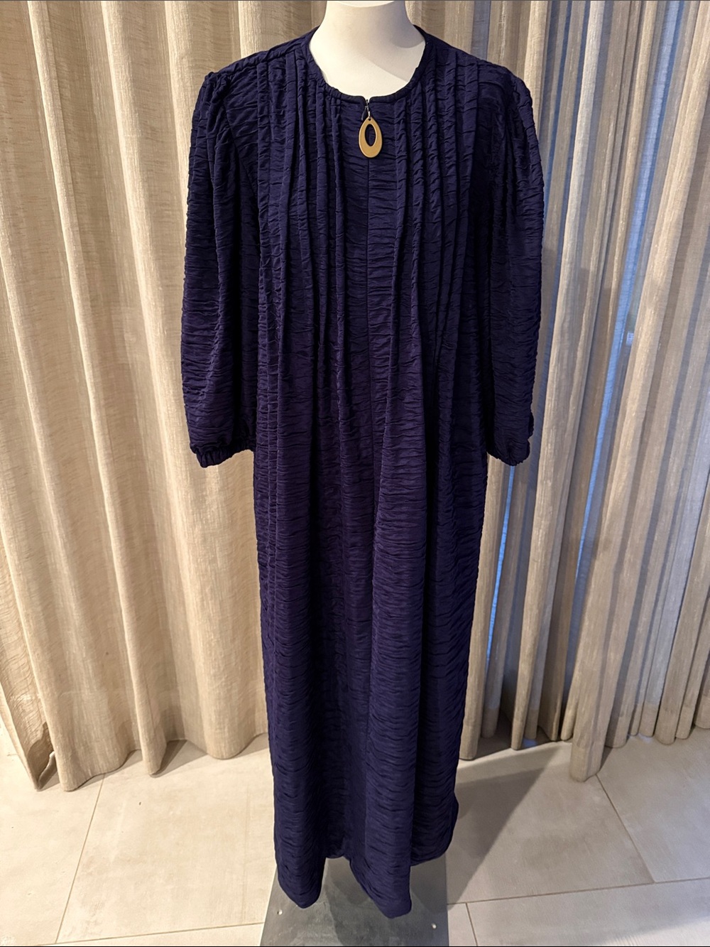 Vtg Ariel Textured Navy House Dress with Gold Teardrop Accent Sz M